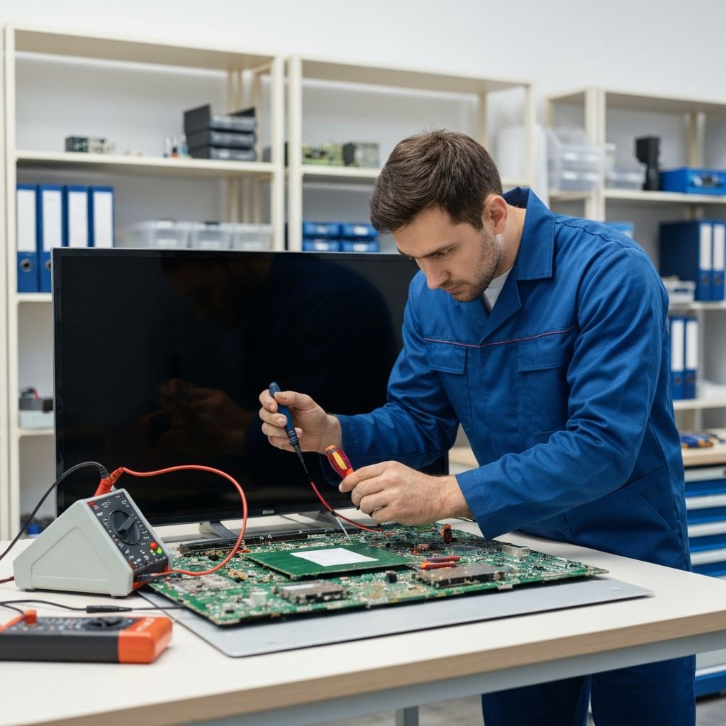 Professional technician repairing TV screen